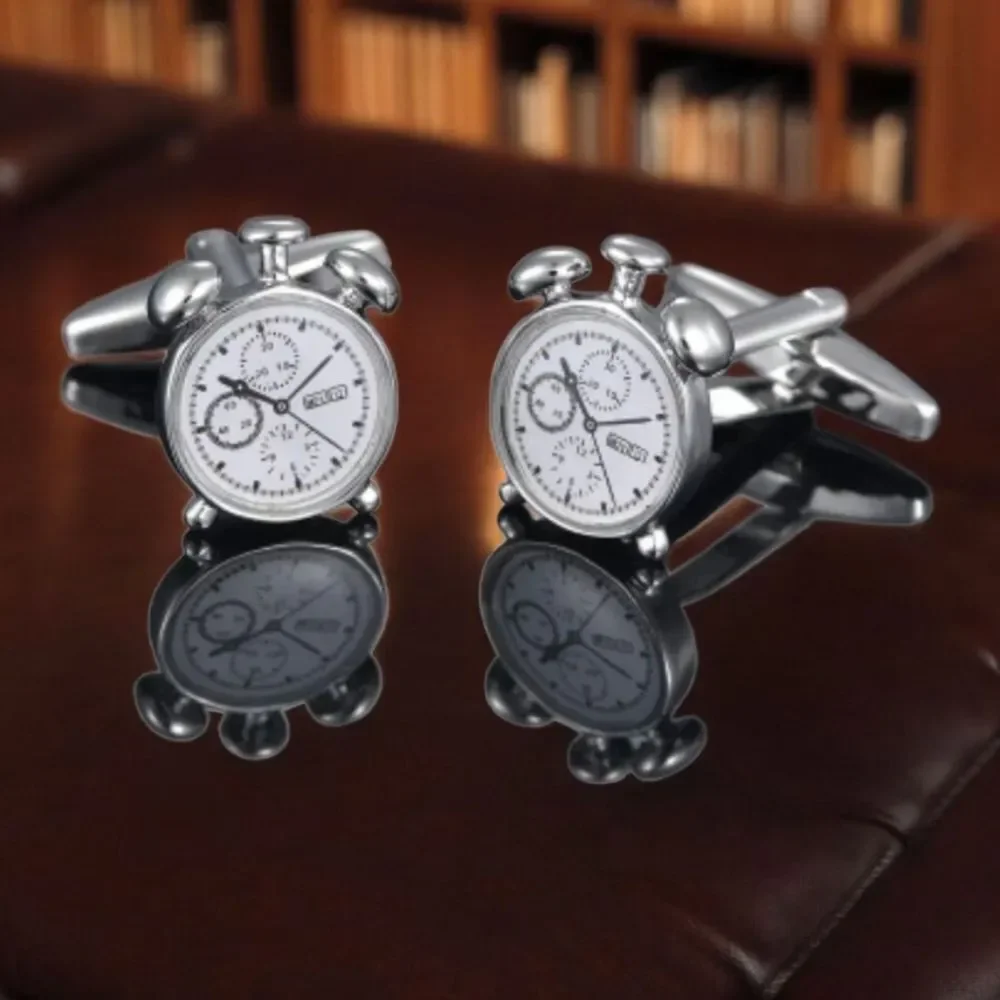 Vintage Alarm Clock Cufflinks Analog Twin Bell Silver Novelty Chronograph Formal